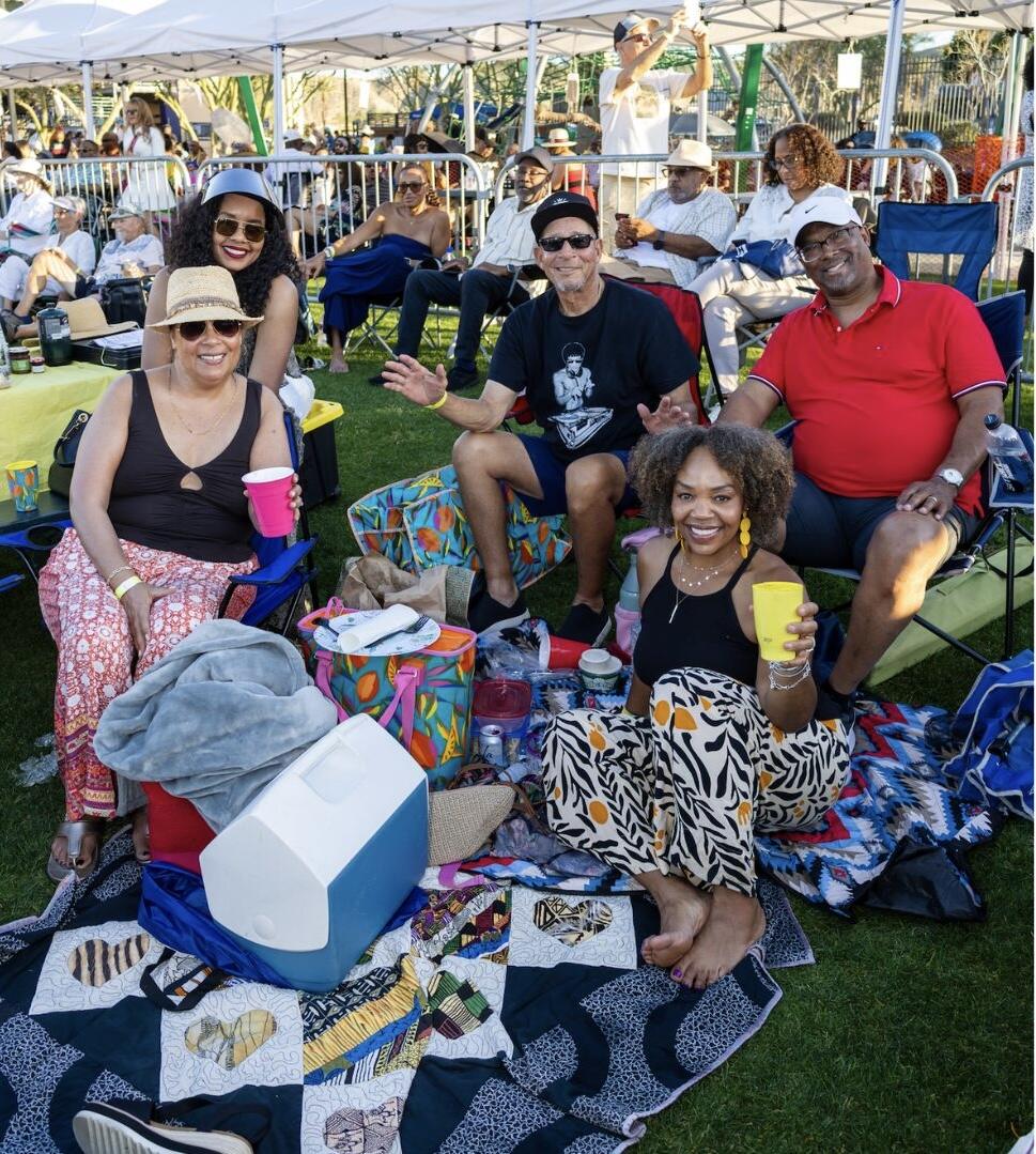 Members of the Pip's Lifestyle family sitting together on the grass at an outdoor jazz festival, laughing and raising their cups